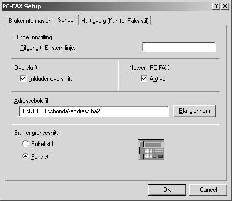 Oppsett av Sending For å få tilgang til Sende-fliken fra Brother PC-FAX Oppsett -dialogboksen klikk Sender -fliken.