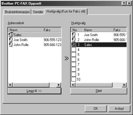 Oppsett av Hurtigvalg Du får tilgang til Hurtigvalg -fliken fra Brother PC-FAX Oppsett ved å klikke Hurtigvalg -fliken. (For å bruke denne funksjonen må du velge brukergrensesnittet for Faksimilestil.