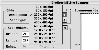 Innstillinger i skannervinduet Bilde Oppløsning Velg skanneroppløsningen fra pop-up-menyen Oppløsning. Høyere oppløsninger tar opp mer minne og overføringstid, men kan by på et finere skannet bilde.
