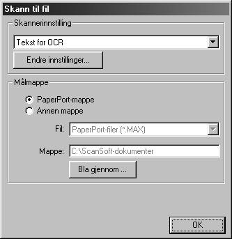 Skanne til fil Skannerinnstilling Fra rullegardinlisten velger du skannemodusen som passer for filtypen: Sending av telefaks, arkivering og kopiering; Tekst for OCR; Fotografier; Fotografier (høy