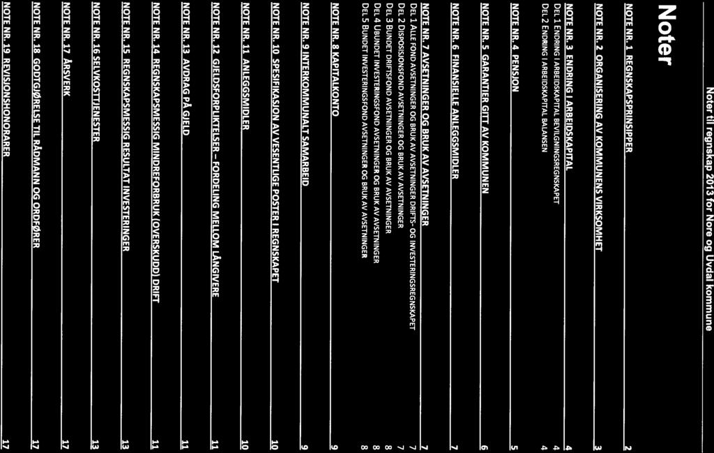 Noter til regnskap 2013 for Nore og Uvdal kommune Noter NOTE NR. i REGNSKAPSPRINSIPPER 2 NOTE NR. 2 ORGANISERING AV KOMMUNENS VIRKSOMHET 3 NOTE NR.
