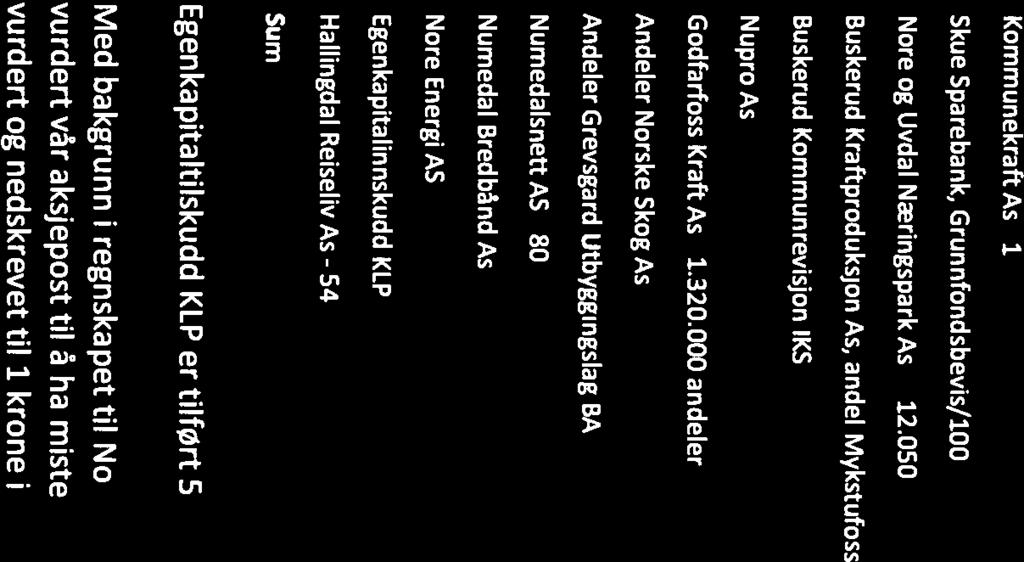 050 Buskerud Kraftproduksjon As, andel Mykstufoss Buskerud Kommunrevisjon IKS Nupro As Godfarfoss Kraft As - andeler Andeler Norske Skog As Andeler Grevsgard utbyggingslag BA Numedalsnett AS - 80