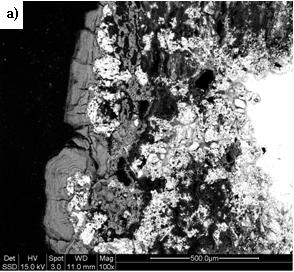 Figur 32 Bilder tatt i SEM med tilbakespredte elektroner. a) bilde som viser kontrast som spenner over plasten, MnO 2, oksidert Pb og Pb, b) bilde som er forskjøvet ca.