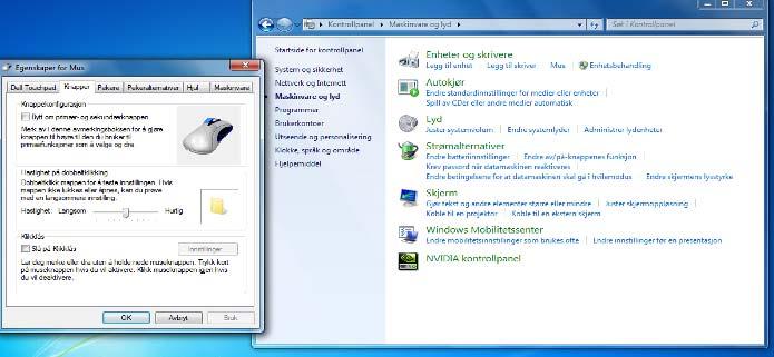 Innstillinger på mus Det er mulig å gjøre innstillinger i Windows for hvordan musa skal oppføre seg.