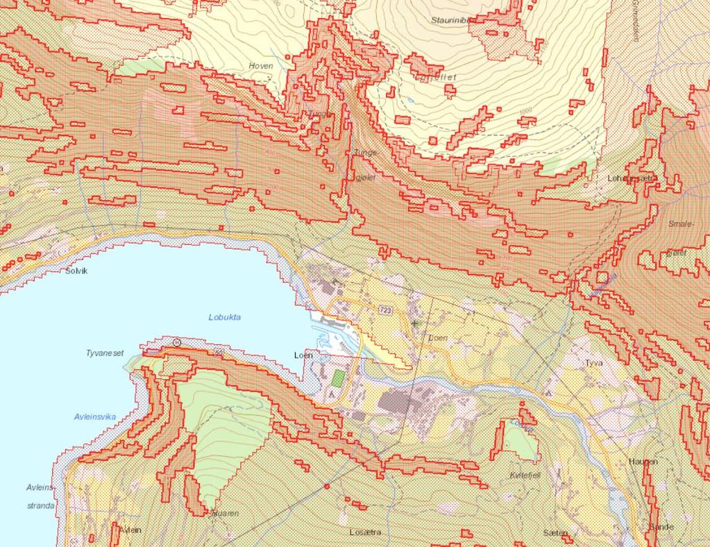 AKTSOMHETSKART Viser potensielle løsne- og utløpsområder for skred Basert på GIS-analyse av områder med potensielle løsneområder og teoretiske utløpslengder på skred Skredsannsynligheten for skred er