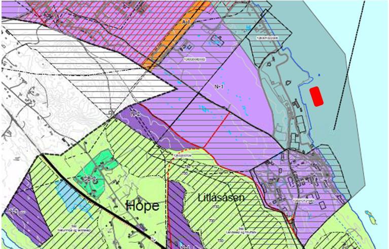 Figur 4 viser regulert område for basen og plassering av LNG anlegget Anlegget bygges inne på regulert baseområde. Nærmeste kontor med basens ansatte er i ytre kant av 200m sirkelen vist i fig 3.