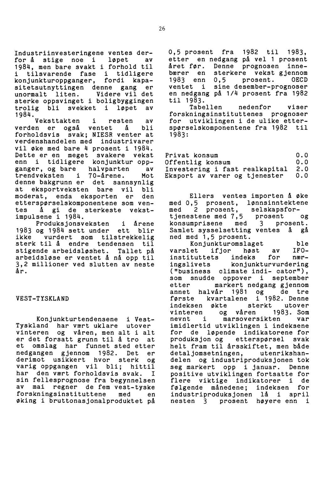 26 Industriinvesteringene ventes derfor A stige noe i løpet av 1984, men bare svakt i forhold til i tilsvarende fase i tidligere konjunkturoppganger, fordi kapasitetsutnyttingen denne gang er