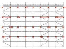 Merk at på stillaser på over 18 meter er det de øverste 18 metrene som kan ha SKRD rekkverksrammer som erstatning for vertikale diagonalstag. Horisontalstag skal monteres i hvert 5.