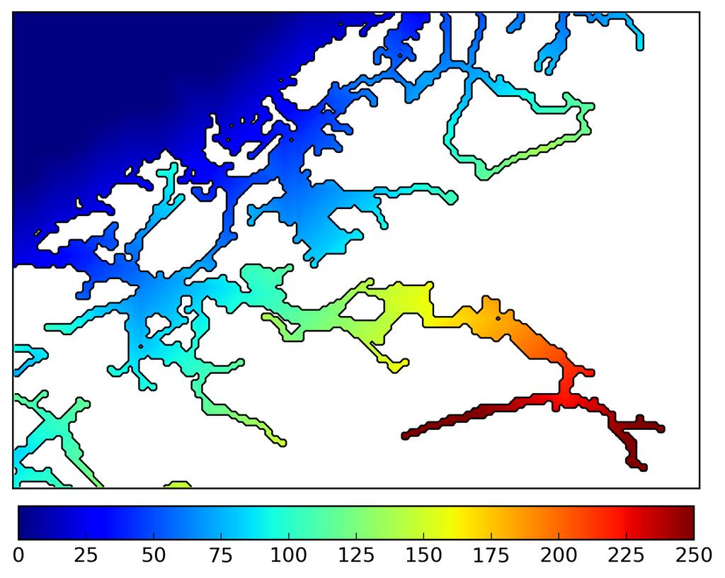 25x25 gridceller (20 km) omkring defineres som åpnet hav og får fjord-indeks null. De andre er foreløpig udefinert.