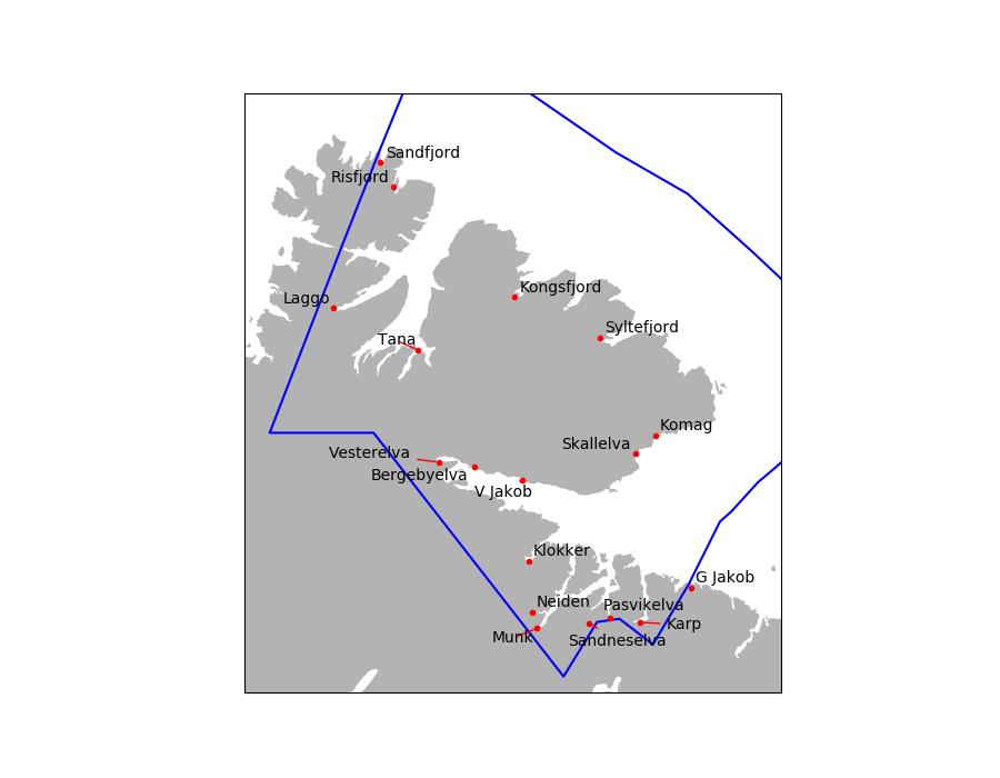 Produksjonsområde 13: Øst-Finnmark Område 13: Øst-Finnmark 2015 Navn Tidlig utvandring Normal utvandring Sen utvandring Sandfjord 0 % 0 % * 0 % * Risfjord 0 % 0 % * 0 % * Laggo 1 % 0 % * 0 % * Tana 0