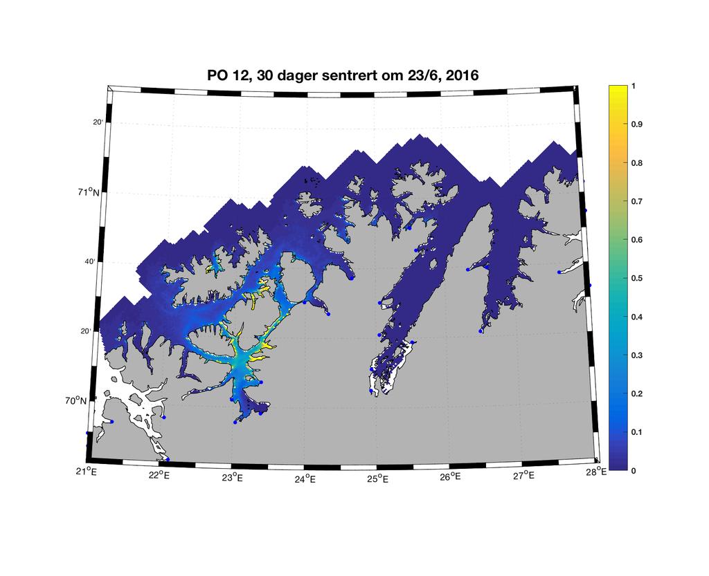 Figure 7. Tetthet av smittsomme kopepoditter (antall per kvadratmeter) beregnet med den hydrodynamiske spredningsmodellen for lakselus.