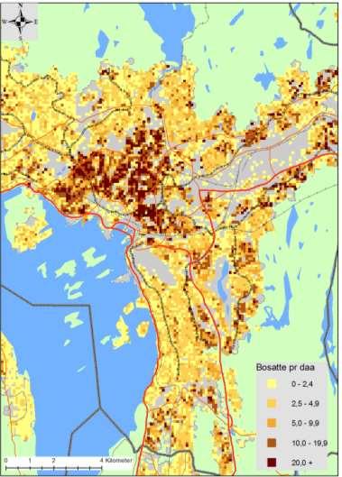 Inspirert av byplanleggingen har vi satt opp fem indikatorer for bymessighet Tetthet i boligområder (bosatte per daa i 100x100 m ruter) Arbeidsplasstetthet