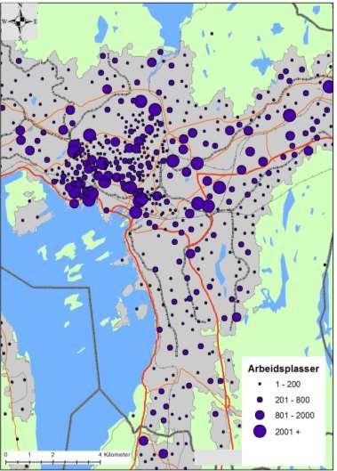 Inspirert av byplanleggingen har vi satt opp fem indikatorer for bymessighet Tetthet i boligområder (bosatte per daa i 100x100 m ruter) Arbeidsplasstetthet