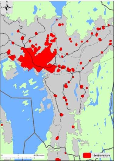 Inspirert av byplanleggingen har vi satt opp fem indikatorer for bymessighet Tetthet i boligområder (bosatte per daa i 100x100 m ruter) To problemstillinger: Betydningen av bostedets bymessighet