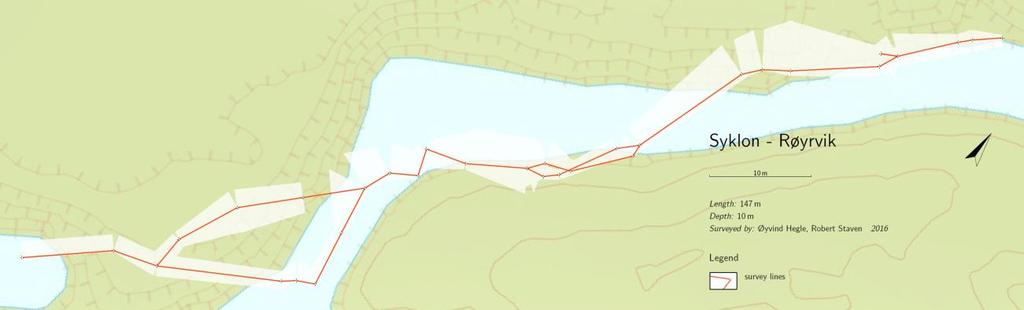 Syklon LENGDE 147 m DYBDE 10 m Røyrvik, Nord-Trøndelag Motstrømsdykk, utløpet går parallelt med elven. Gang som varierer mellom lav og bred, og stor og romslig.