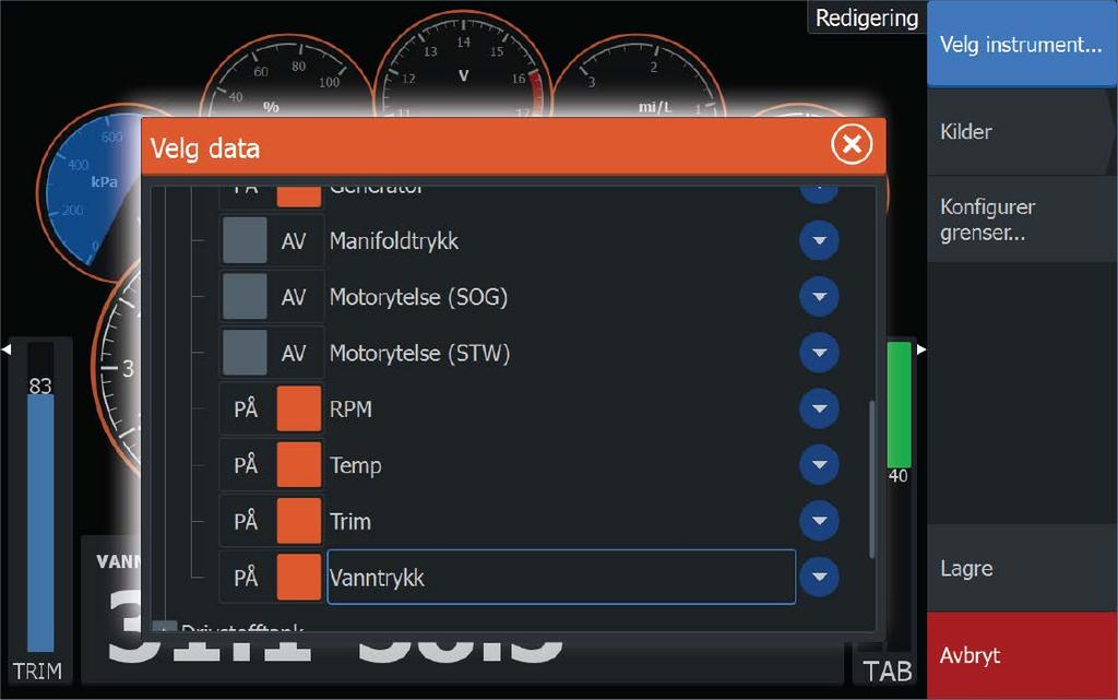 Redigere et instrumentpanel Aktiver instrumentbordet du vil redigere, og gjør følgende: 1. Aktiver menyen. 2. Velg alternativet Rediger. 3. Velg måleren du vil endre.