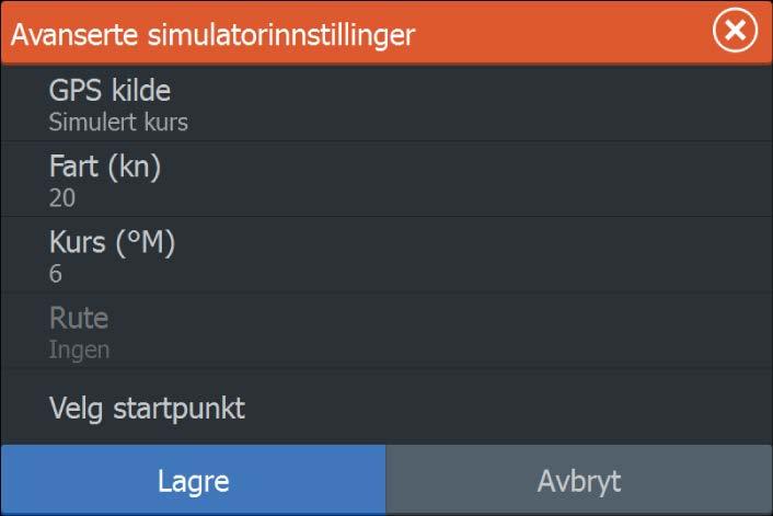 Hastighet, Kurs og Rute Brukes til å angi verdier manuelt når GPS-kilde er satt til Simulert kurs eller Simulert rute.