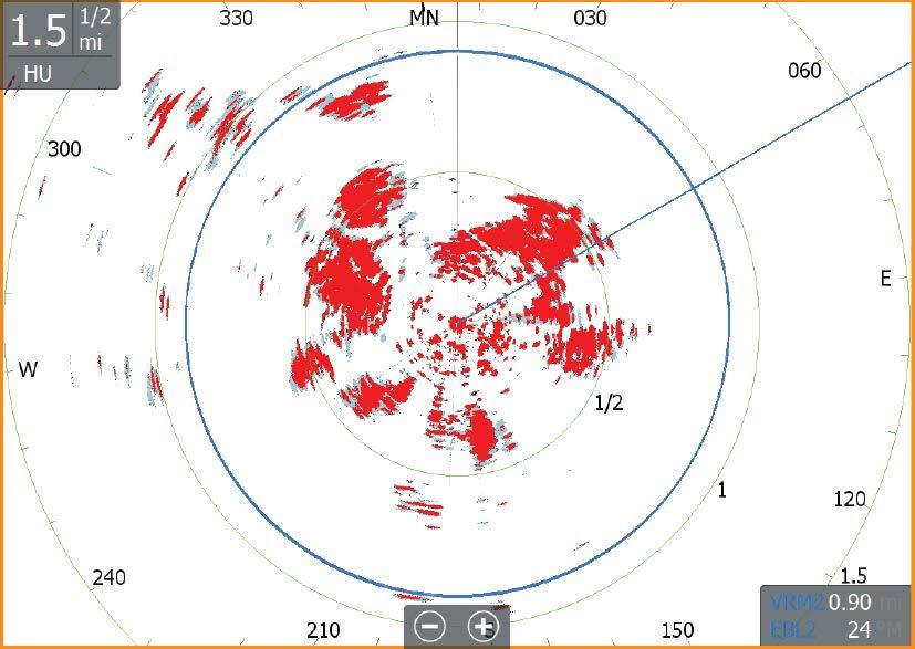 EBL/VRM-markeringer Den elektroniske peilelinjen (EBL) og variable områdemarkeringen (VRM) gjør det mulig med raske målinger av område og peiling til fartøy og landmasser innenfor radarens rekkevidde.