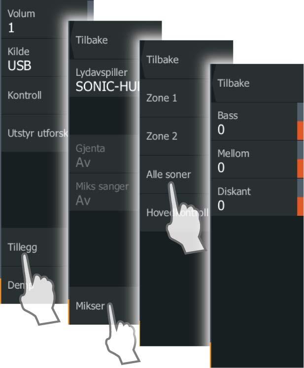 Ekstra kilder AUX og AUX 2 (merket AUX og SAT IN på SonicHub) kan brukes for Sirius-radioer og eksterne lydenheter som støtter RCA-tilkobling.