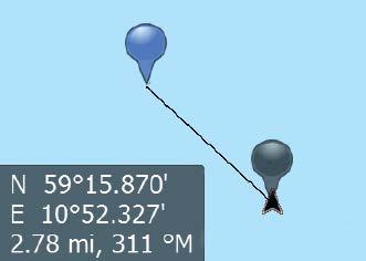 Avstandsmåling Markøren kan brukes til å måle avstanden mellom fartøyet og en valgt posisjon, eller mellom to punkter i kartvinduet. 1. Plasser markøren på punktet du vil måle avstanden fra.