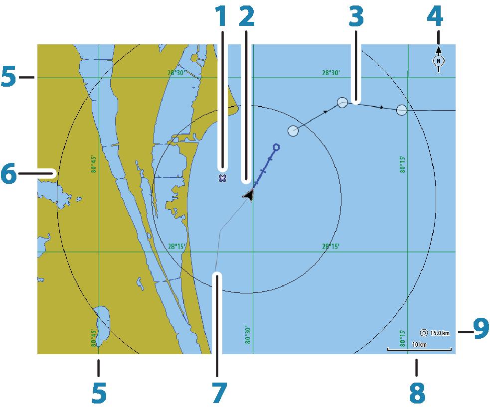 4 Kart Kartfunksjonen viser fartøyets posisjon i forhold til land og andre kartobjekter. På kartvinduet kan du planlegge og navigere langs ruter, plassere veipunkter og vise AIS-mål.