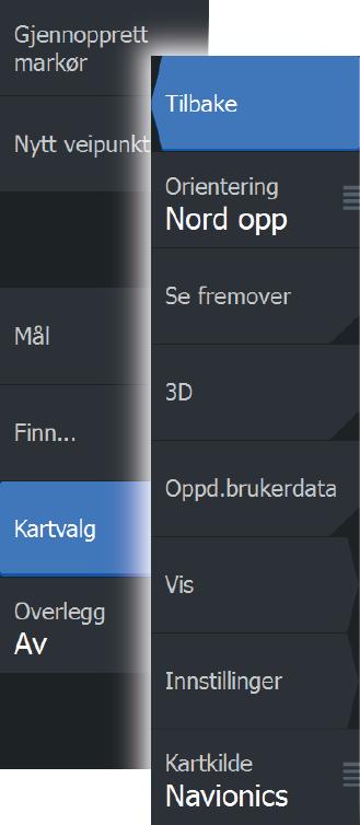 Navionics spesifikke kartalternativer Orientering, Se fremover, 3D og bytte av Kartkilde (beskrevet tidligere i denne delen) er felles for alle karttyper.