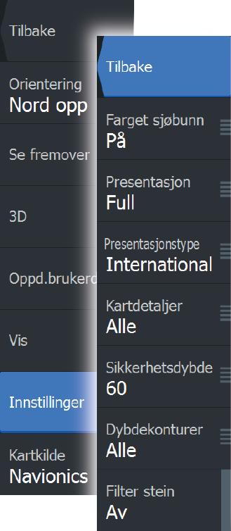 Presentasjonstype Angir marin kartinformasjon som symboler, farger på navigasjonskartet og vendinger for internasjonale eller amerikanske presentasjonstyper.