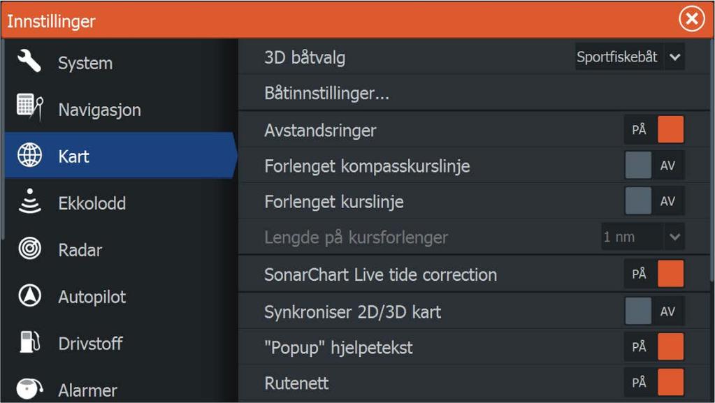 Kartinnstillinger Innstillinger og visningsalternativer som angis på skjermvinduet med kartinnstillinger, er felles for alle kartvinduer. 3D båtvalg Fastsetter hvilket ikon som skal brukes på 3D-kart.