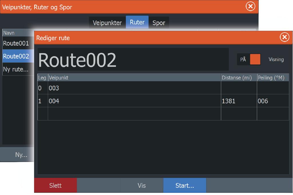 Når rutenavigasjonen er startet, utvides menyen med alternativer for å avbryte navigasjonen, hoppe over et veipunkt og starte ruten på nytt fra fartøyets gjeldende posisjon.