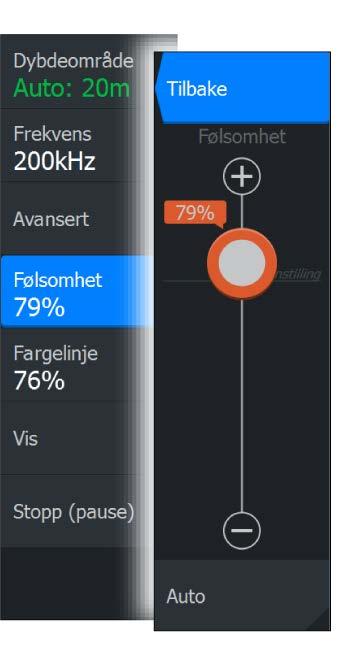 Følsomhet Hvis du øker Følsomhet, vises det flere detaljer på skjermen. Hvis du reduserer Følsomhet, vises færre detaljer. For mange detaljer gjør skjermen uoversiktlig.