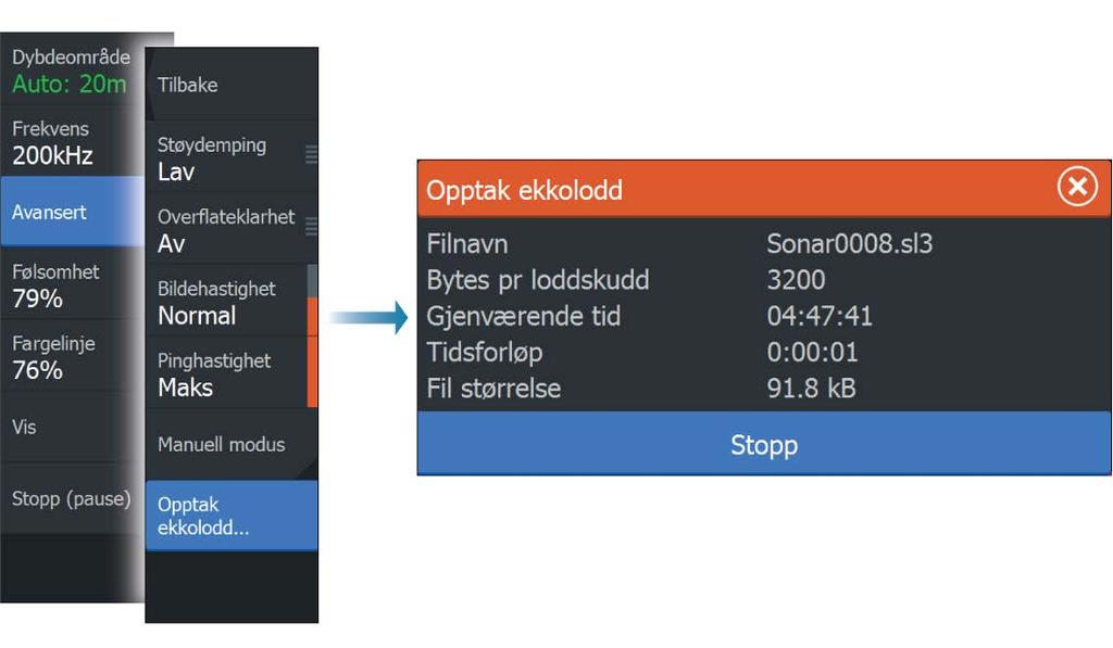 Stopp opptak av loggdata Velg Stopp i dialogboksen Opptak ekkolodd for å stoppe opptak av alle ekkoloddloggdata fullstendig.