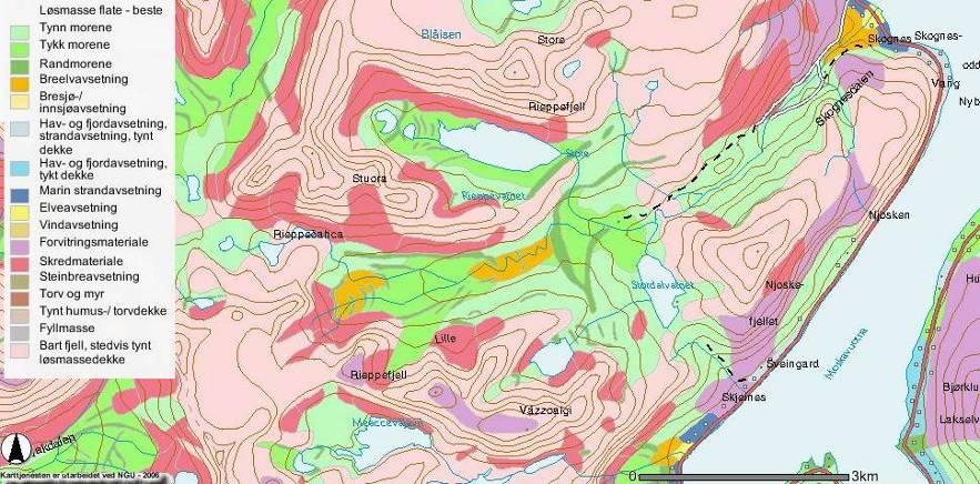 Figur 5. Kartet viser løsmasseavsetninger i influensområdet (fra www.ngu.no/kart/arealis).