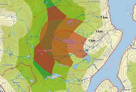 Endring + 9,9 km ² + 18,8 km ² + 4,5 km ² Figur 14. Inngrepsfrie områder. 1, 3 og 5 km fra inngrepet er markert med røde linjer og områder som omdefineres er markert med rød farge.