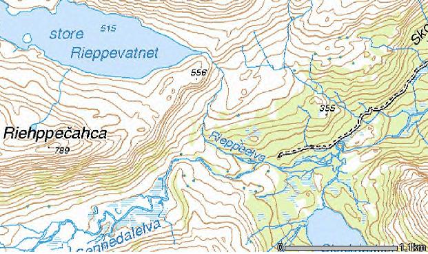 RIEPPEELVA KRAFTVERK Rieppeelva Kraftverk skal ha vanninntak i Store Rieppevatnet, som reguleres med 3 m senkning og 2 m heving fra naturlig vannstand på kote 515.