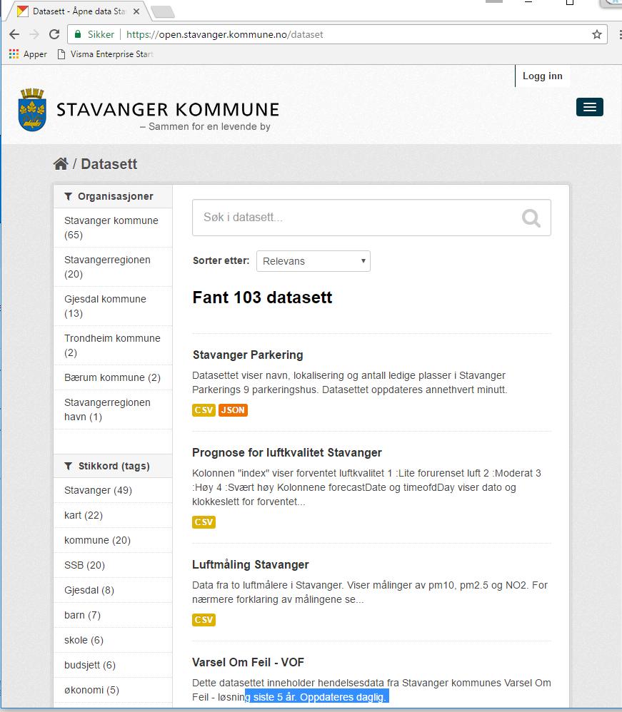 open.stavanger.kommune.no Egen regional portal 99 publiserte datasett, vokser raskt. Dynamiske og statiske data.