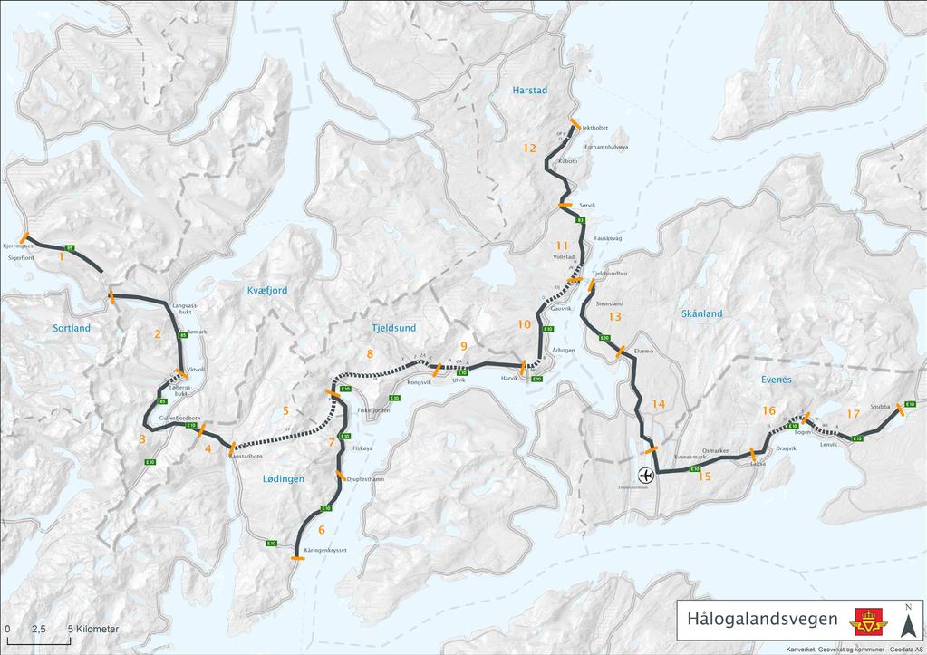 E/R/R85 HÅLOGALADEGE PLAKART PARSELL 3 E Tjeldsund bru - Elvemo Skånland kommune TEKIE DATA Fra profil: 5-75