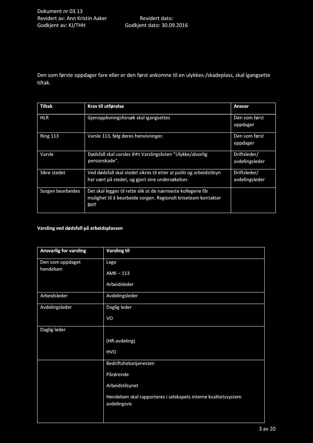 2. Dødsfall på arbeidsplassen første oppdager fare eller er den først ankomne til en ulykkes -/skadeplass, skal igangsette tiltak.