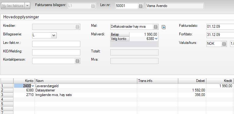 Leverandørreskontro Leverandørfaktura For å opprette leverandørfaktura går du på Innkjøp Innkjøpsoversikt Lev.faktura ikke bokført. Her kan du klikke på Ny lev.faktura. I feltet Lev.