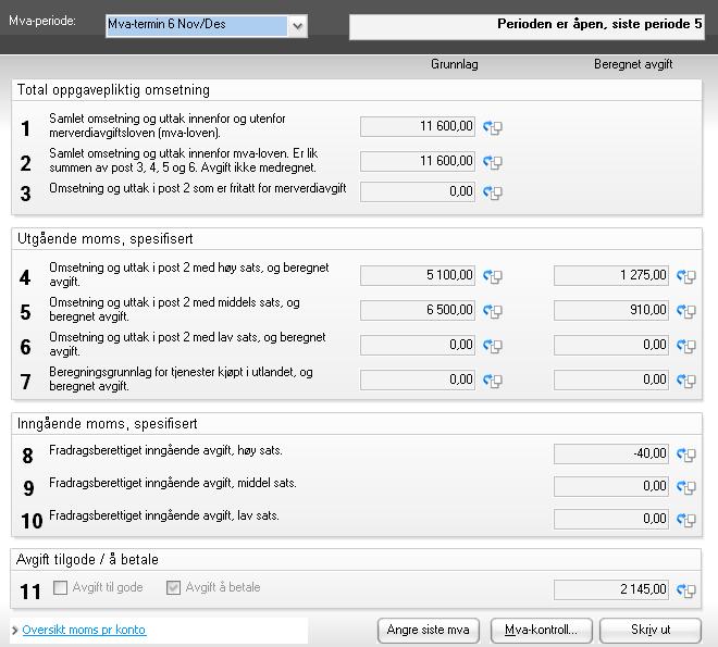 Mva-oppgave Mva-oppgaven finner du på Arbeid med regnskap mva oppgave. Under skjermbildet følger en forklaring av de ulike postene og knappene i mva-oppgaven.