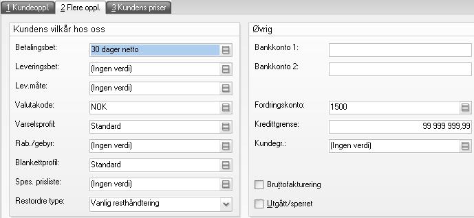 På flik nummer 2 øverst til venstre på kunden kan du sette flere innstillinger for kunden.