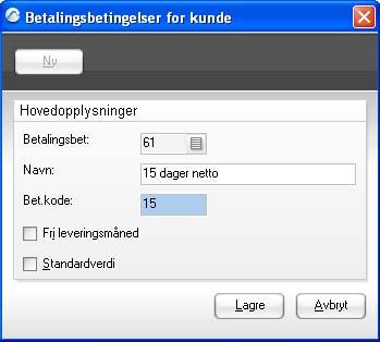 Dersom du ønsker å opprette en egen betalingsbetingelse på kunden, kan du klikke i feltet Betalingsbet, deretter klikke på nedtrekksmenyen og velge ny.