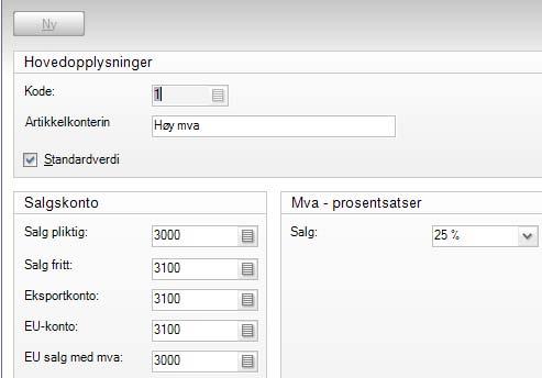 Artikkelkontering Styrer om artikkelen skal være med eller uten mva, høy, lav eller middels og hvilken konto salget skal konteres til. Mva høy ligger som standardkontering.