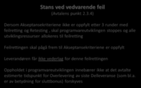 - Delleveranser Enhetstest Integrasjonstest Stans ved vedvarende feil (Avtalens punkt 2.3.