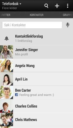 116 Kontakter Kontakter Kontaktliste Personer-appen viser alle kontakter du har lagret på HTC One X/One X+ og fra onlinekontoer du er pålogget.