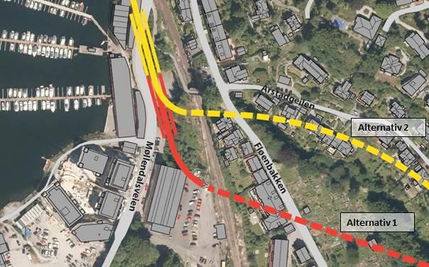 Møllendal Tunnelpåhugg Med utgangpunkt i anbefaling fra skissefasen er traséen i alternativ C lagt til grunn for det videre planarbeidet (se kapittel 3).