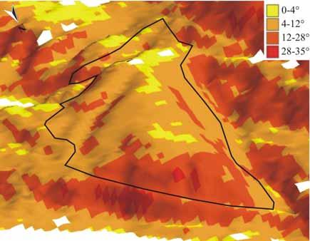 Fig. 6 Helningskart for det undersøkte området ved Åmot, sett mot sørvest. Celle størrelse er 12 m. Vertikal overdrivelse = 3. 6.2 Fjerdingby/Sundbekken (Vedlegg 2) Generelt: Området er avgrenset i nord av en stor terrasse/ryggform som ligger ca.