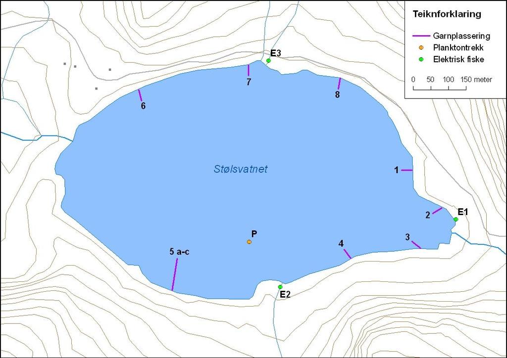 Figur 33. Stølsvatnet med garnplassering og stasjonar for elektrisk fiske og planktontrekk. 4.2.11.
