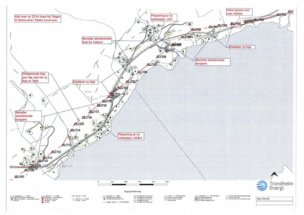 Kart over ny 22 Kv trase fra Teigen til Nesna elva i Klæbu kommune. Plassering av ny nettstasjon.