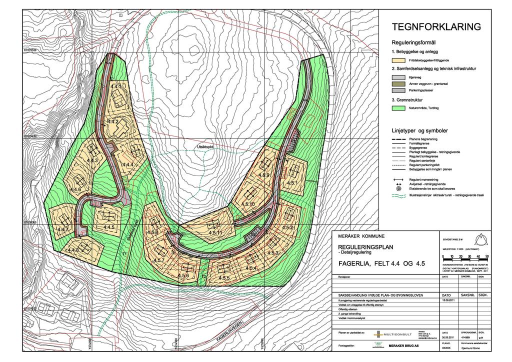 3.2 SAMMENLIGNING AV NY OG GAMMEL PLAN - Nytt plankart - formålsgrenser fra bebyggelsesplanen fra 2008 illustrert med rødt 3.3 TOMTETØRRELSER I NYTT PLANFORSLAG Felt 4.5 Felt 4.4 TOMT NR 4.4.1 4.4.2 4.