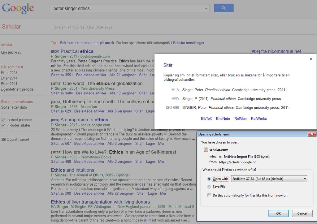 Fra Google Scholar til EndNote Utfør et søk.